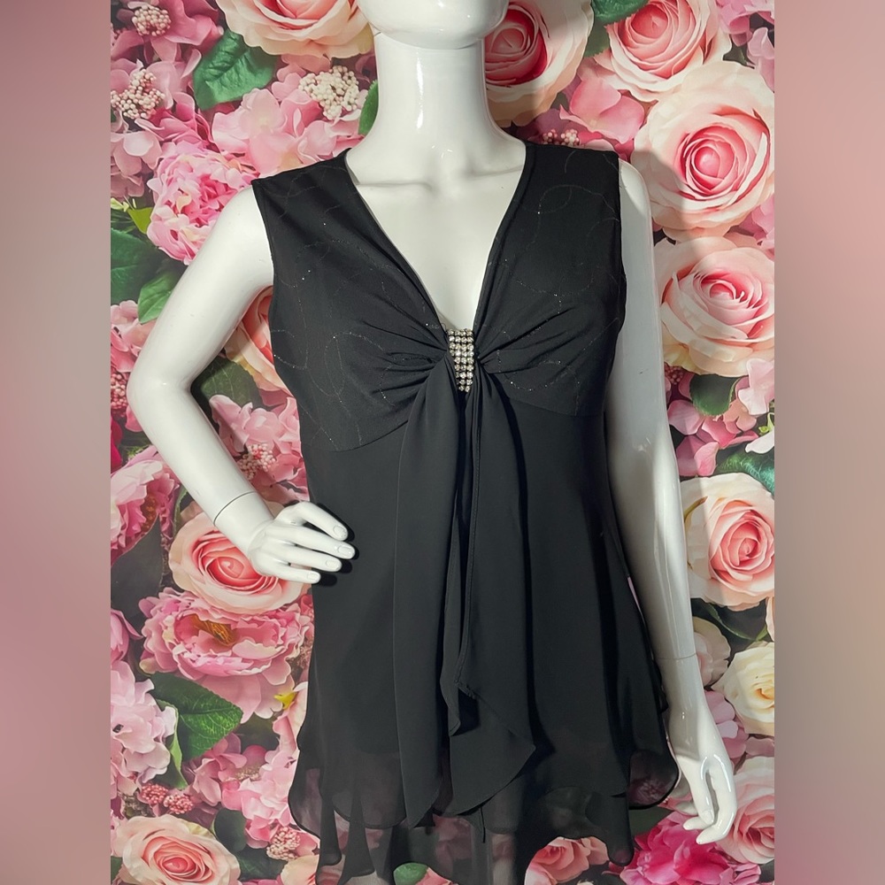 R&M Richards Size 12 Petite Black Sleeveless Blouse Rhinestones 12P Sparkles